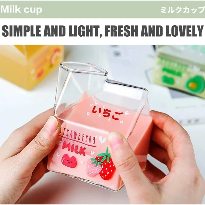 Cute Strawberry Peach Breakfast Cup Pudding Cup Milk Bottles 350ml Kawaii Square Milk Carton Glass Cup Heat Resistant