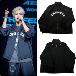 KPOP ATEEZ Thunder Print Men's Jackets Harajuku Cardigan Stand Collar Zipper Baseball Jacket Outerwear Casual Sportswear