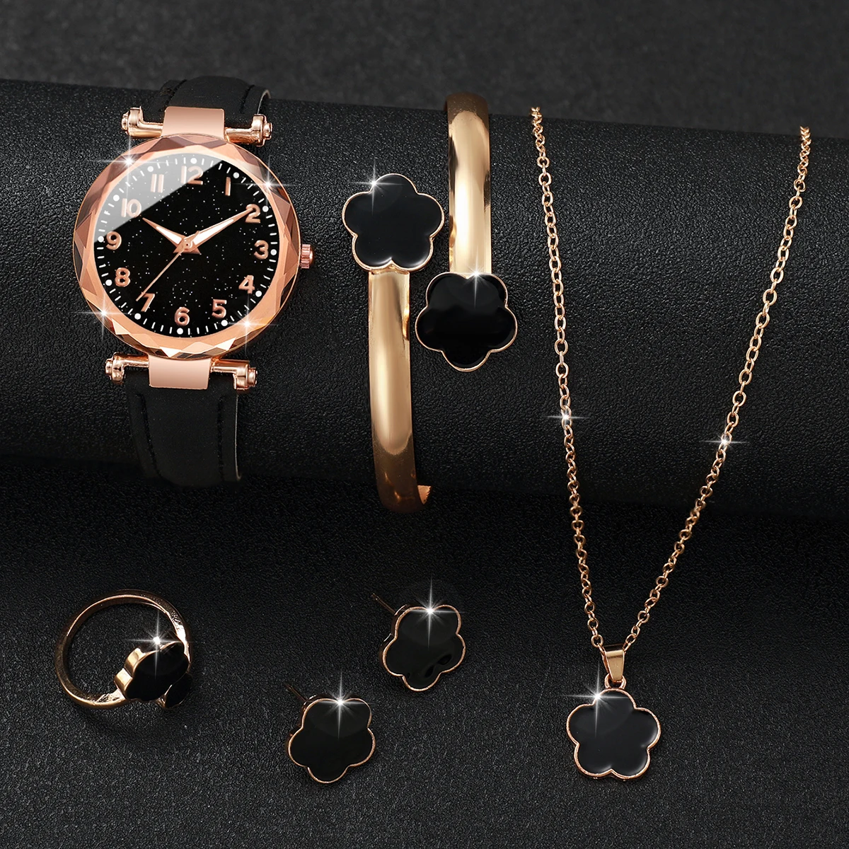 6PCs/Set Women's Watch Fashion Digital Leather Quartz Watch with Unique Flower Jewelry Set