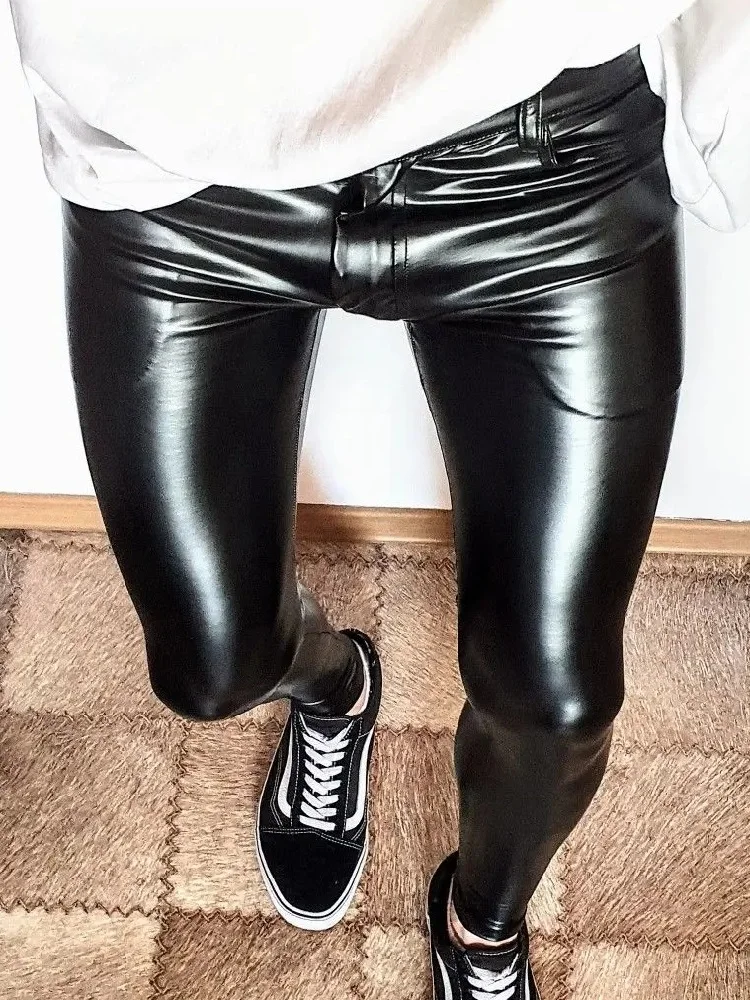 

Men's PU Leather Convex Skinny Jeans Pencil Pants Sexy Motorcycle Leggings Tight Faux Latex Stage Wear Male Fashion Lederhosen