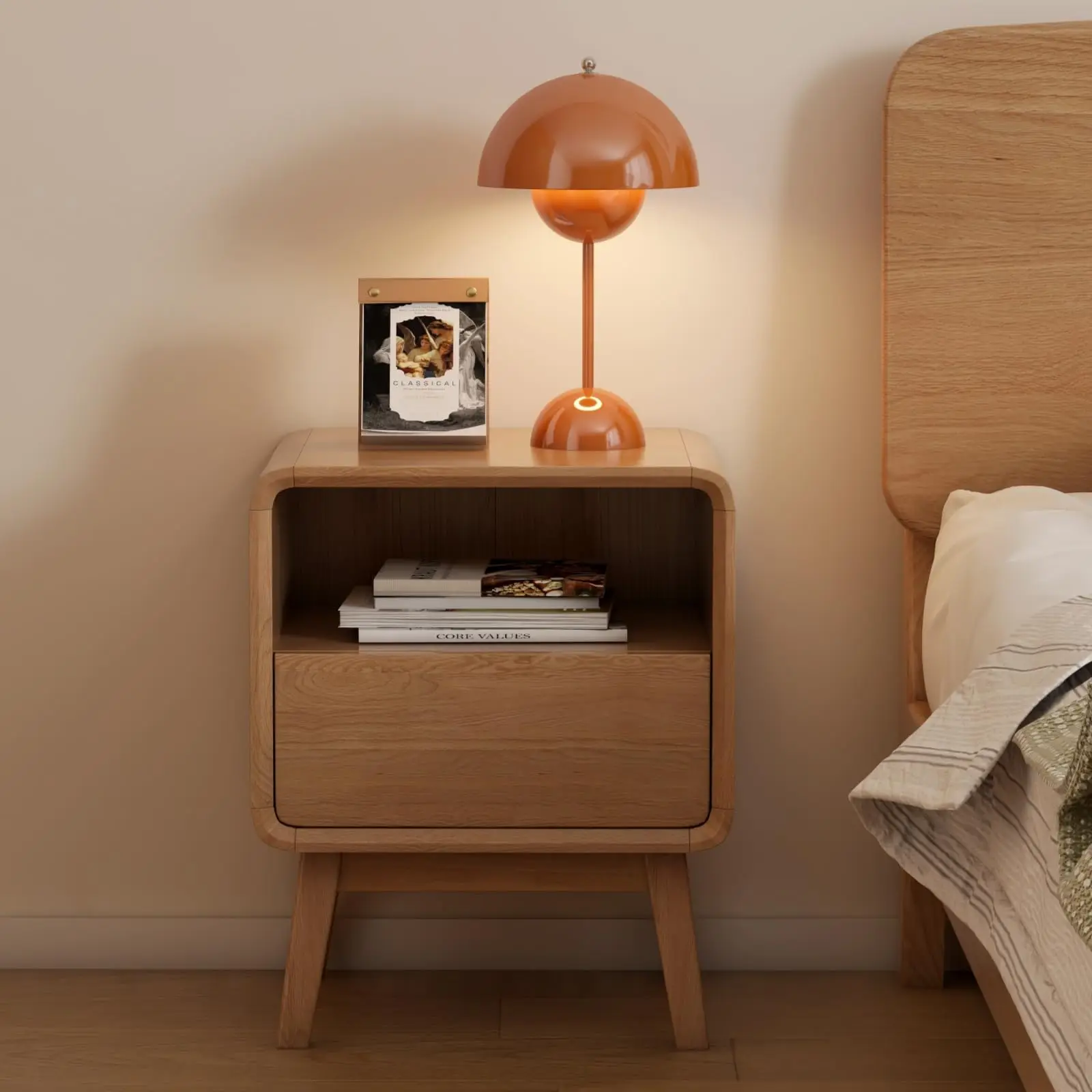 100% Solid Oak Wood Nightstand, Natural Wood Nightstand with Drawer Open Shelf, Mid Century Modern Night Stand, Small