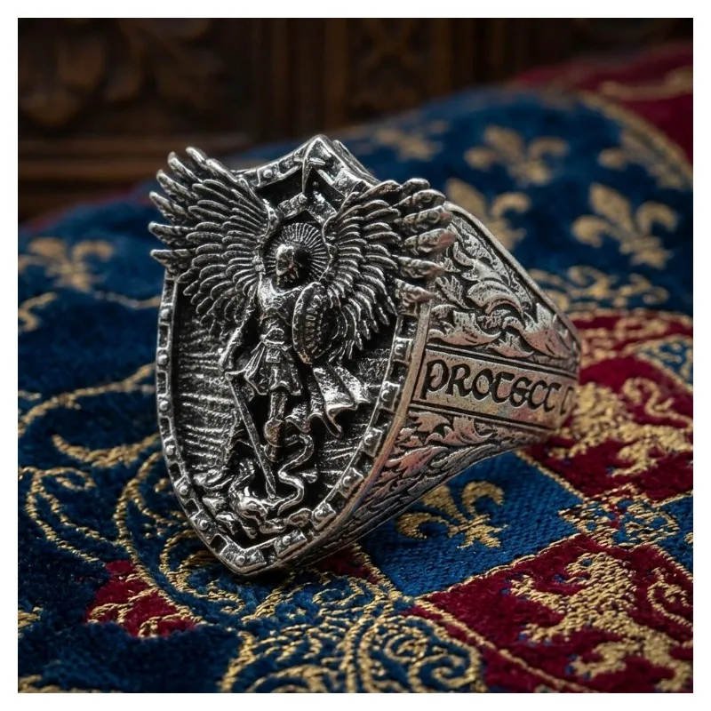 Buy 5 Get 1 Free SheCrown 3D 30x24mm Saint Archangel Michael Serpent shield Wings Sword Mens Present Silver Rings
