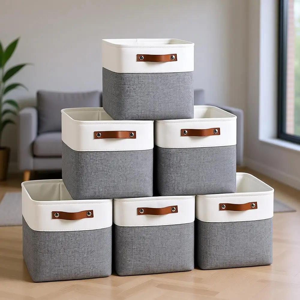 

Набор из 6 кубических органайзеров 28x28 см с кожаными ручками, белые/серые контейнеры для хранения