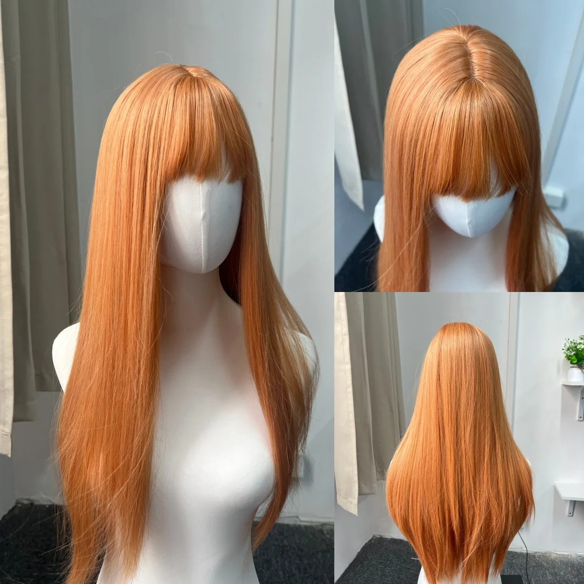 

Светло-оранжевый парик для женщин, парик с прямыми челками, 24 дюйма, натуральный парик в стиле Лолита, синтетический парик для повседневного использования и косплея