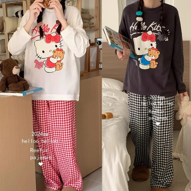 

Sanrio Girl Футболка Брюки Пижамный комплект Весна и осень Kawaii Hello Kitty Comic с круглым вырезом Одежда для отдыха и отдыха