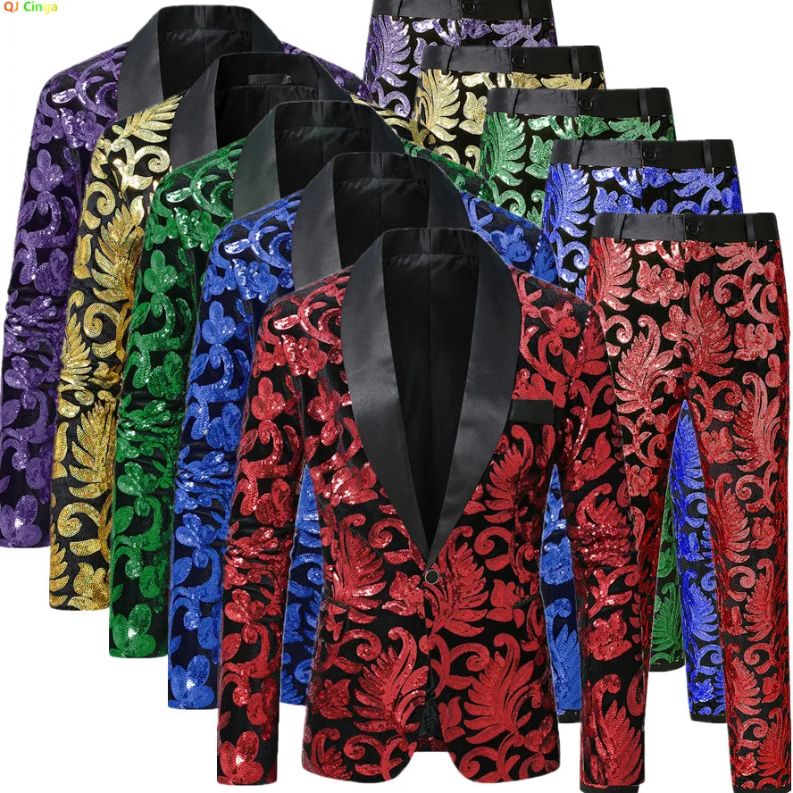 

Red Men's Suit 2-piece, Sequin-embellished Jacket with Matching Trousers, Perfect for Weddings,Parties,and Stage Performances.