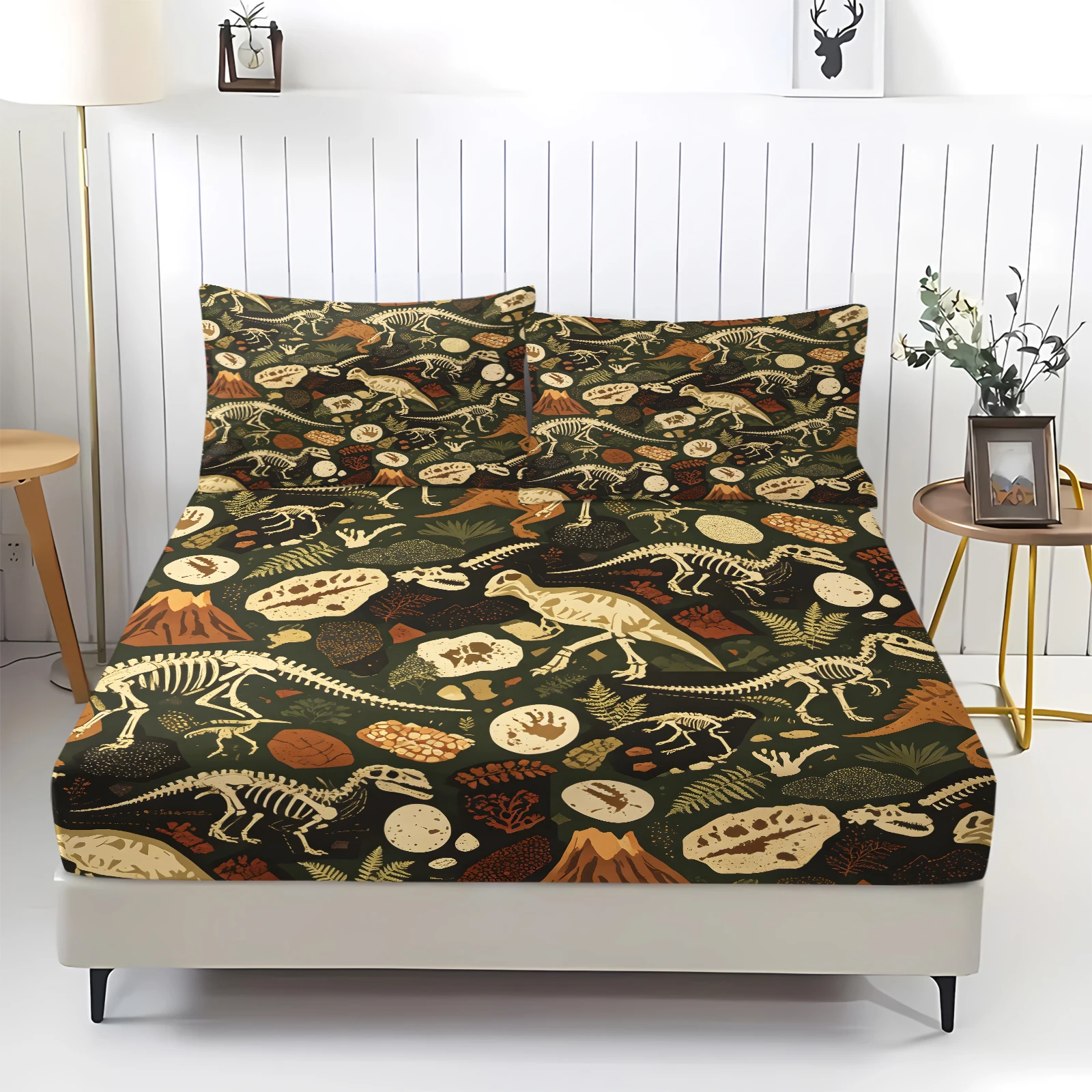 Dinosaur Fossil Skeleton Fitted Sheet Set Vintage Jurassic Bone Fern Volcano Print Surround Elastic Deep Pocket Mattress Cover