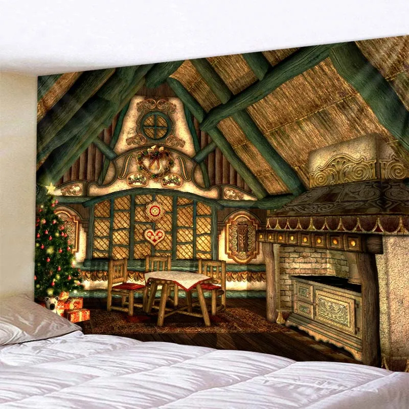 

Christmas decoration tapestry wall hanging christmas log house snow scene christmas tree fireplace festive room decoration