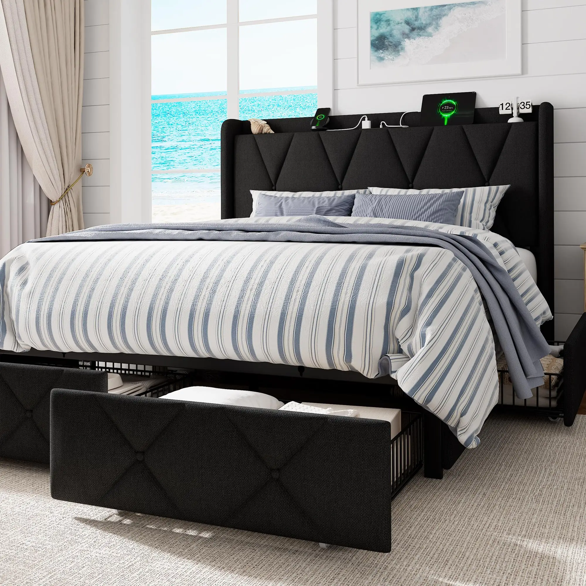 Full Size Bed Frame with 4 Large Storage Drawers, Upholstered Platform Bed with Charging Station, Modern Wingback Storage from