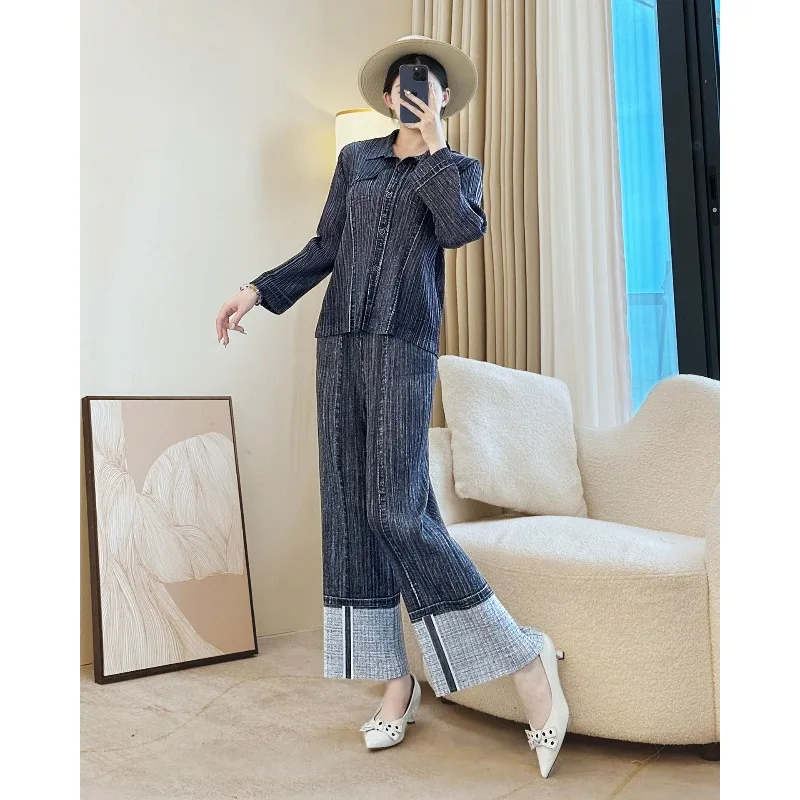 Miyake Wrinkled Denim Color Pants Suit Fashion Personality Slim Shirt + Printed Straight Pants 2025 Autumn New Women Clothing