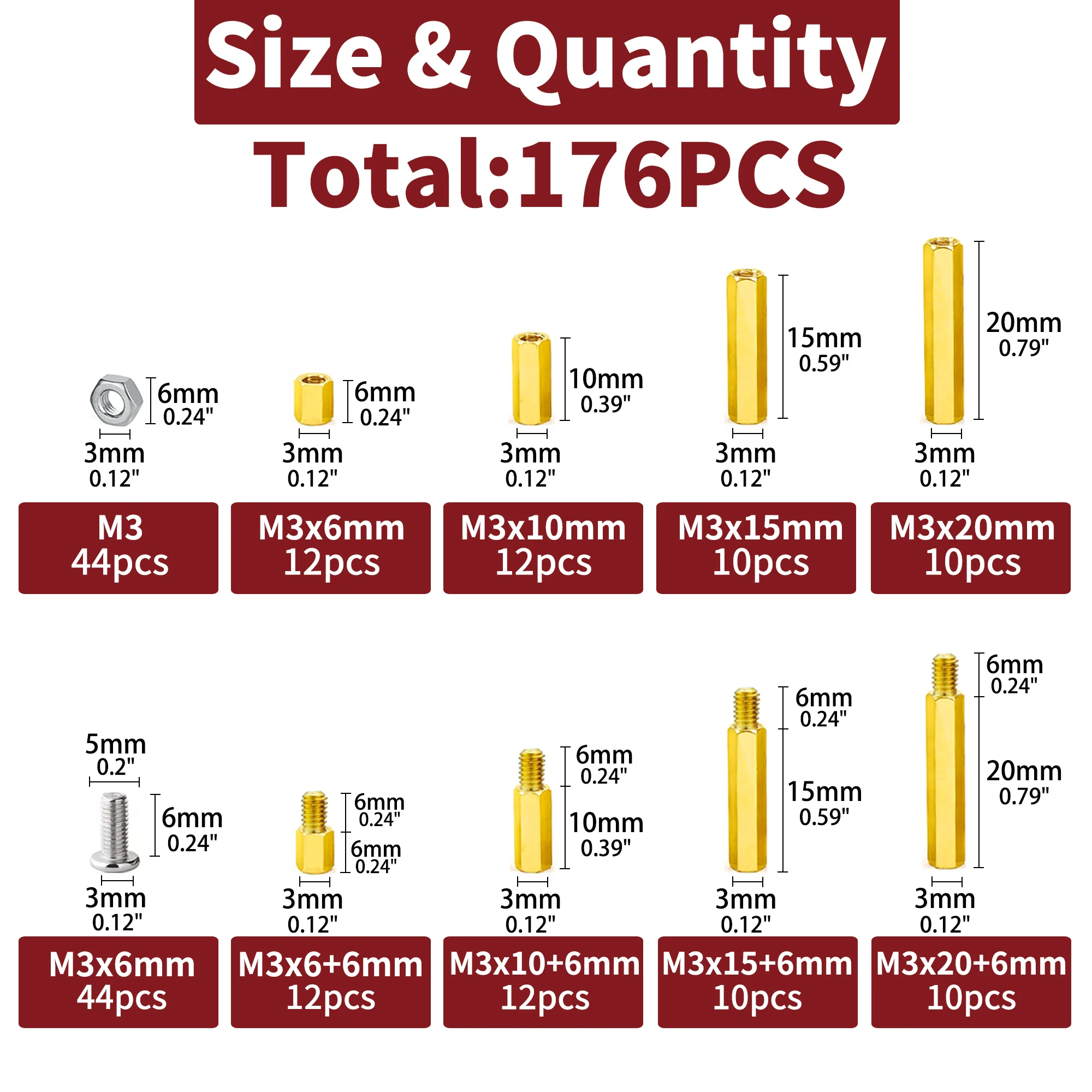 176pcs M3 Motherboard Standoffs&Screws&Nuts Kit, Hex Male-Female Brass Spacer Standoffs, Laptop Screws for DIY Computer Build