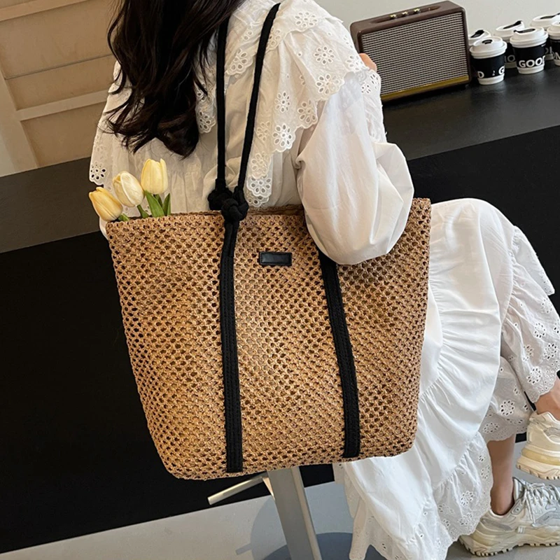 Summer Woven Straw Tote Bag Casual Beach Vacation Women Shoulder Bags Large Capacity Female Handbags Solid Color