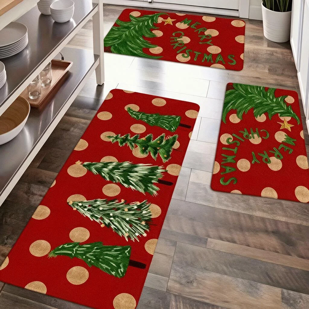 Christmas Square Kitchen Mat Soft Plush Flannel Rug Non Slip Super Absorbent Fluffy Floor Mat for Bathroom Toilet Entryway