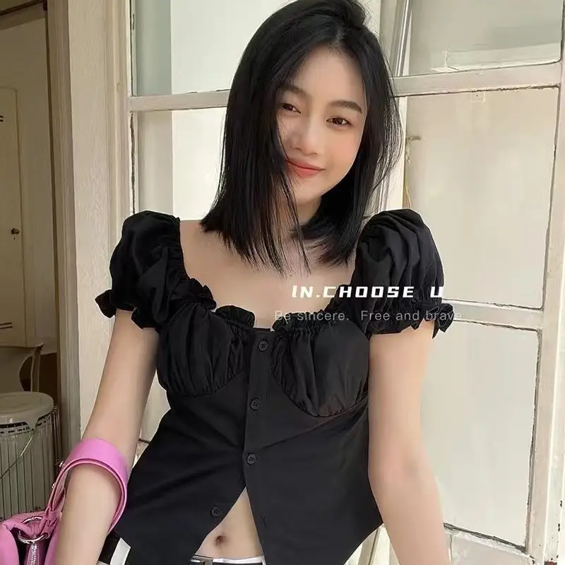 

GkyocQ 2025 Summer New French Sweet Slim Thin Ruched Edge Short-sleeved Square Collar Bubble Sleeve Shirt Blouse Female Shirts