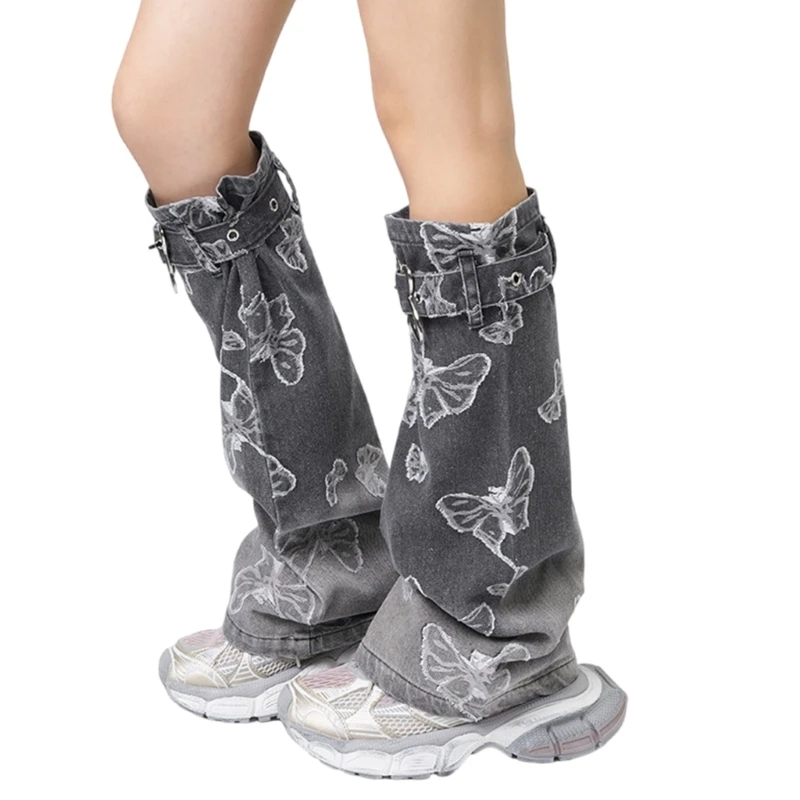

Women Gradients Denims Leg Warmer Buckled Butterfly Jacquard Flared Foot Covers Dropship