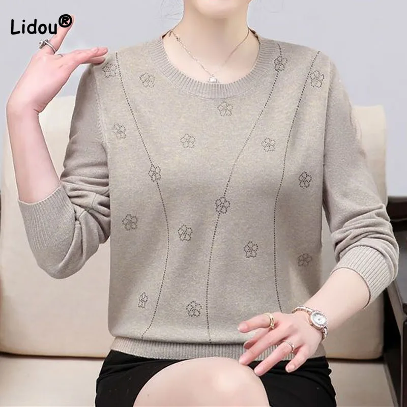 2023 Spring Autumn Fashion Elegant Solid Color Patchwork T-shirt Women\'s Clothing Simplicity All-match Round Neck Knitted Tops