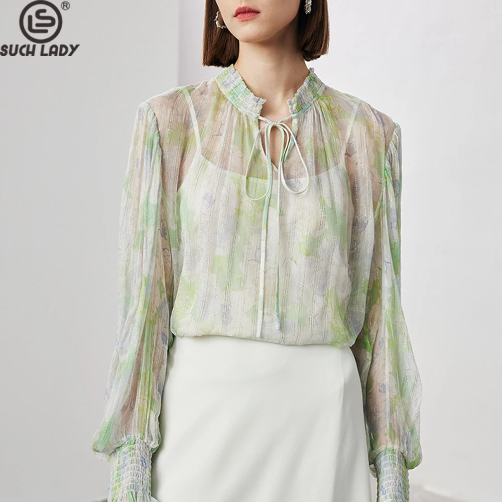 

100% Silk Women's Shirt Stand Collar Lace Up Long Lantern Sleeves Printed Elegant Fashion Designer Blouse Tops