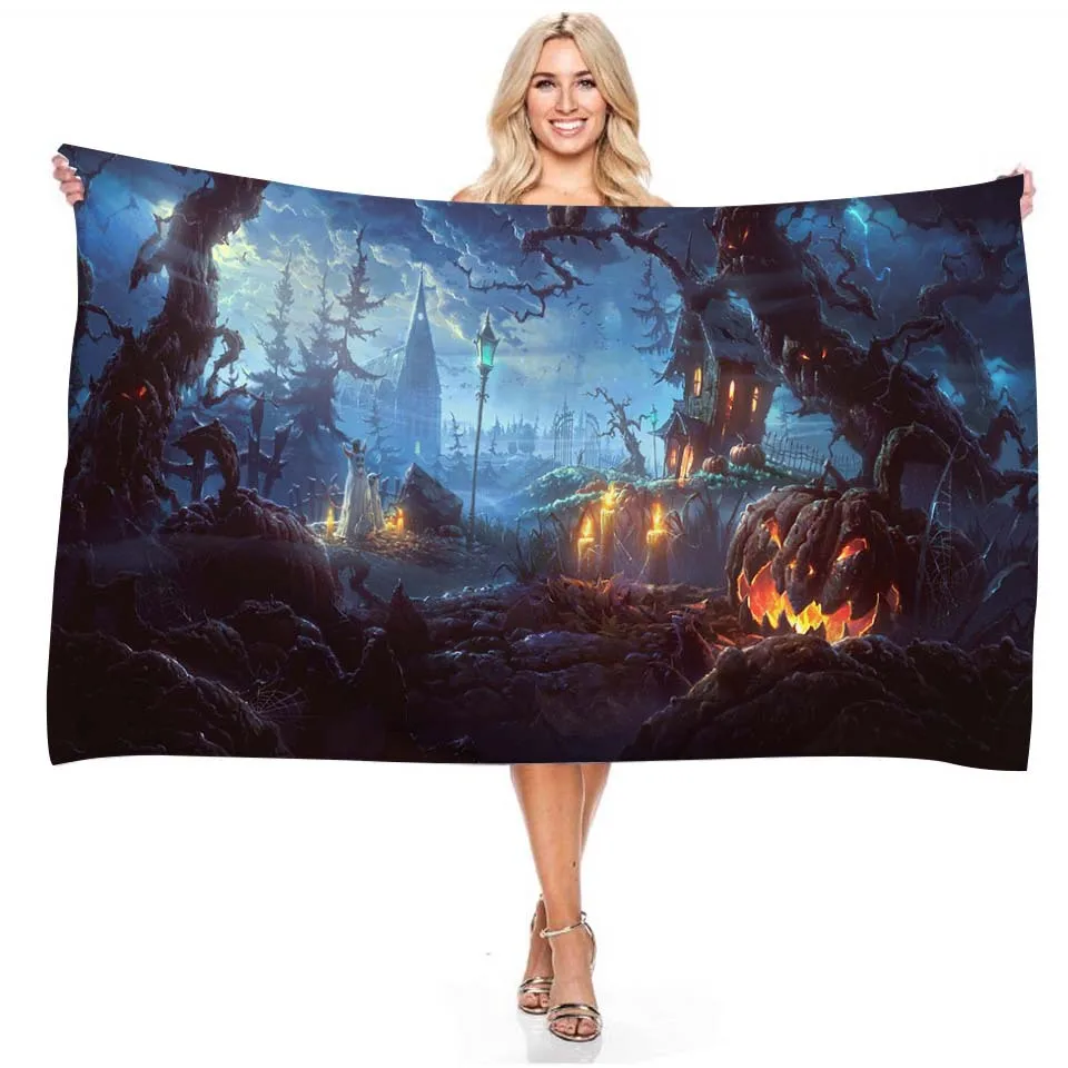 3D Cartoon Halloween Beach Towel Forest Horror Castle Pumpkin Bat Witch Microfiber Quick Dry Bath Towel Festival Gift Boys Girls