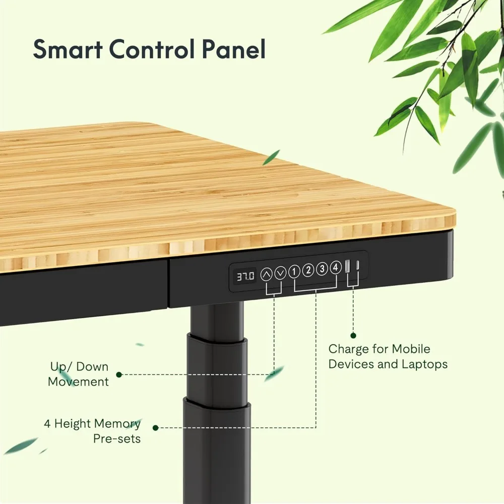 55" Bamboo Standing Desk, Dual Motor 3 Stages Adjustable Height Electric Computer Workstation w/Wireless Charging, Drawer