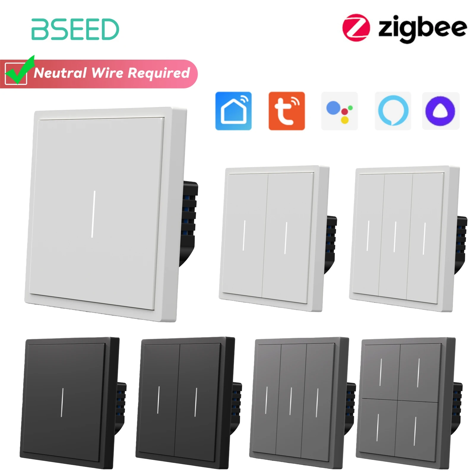 

BSEED Zigbee 1/2/3/4-клавишный настенный выключатель 86*86 мм с мягкими кнопками, умная розетка EU с USB-C 20 Вт