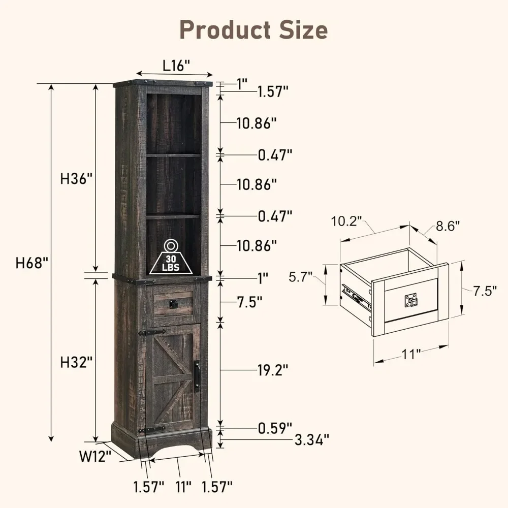 Slim Bathroom Storage Cabinet, Rustic Narrow Storage Cabinet for Living Room, Bathroom, Kitchen