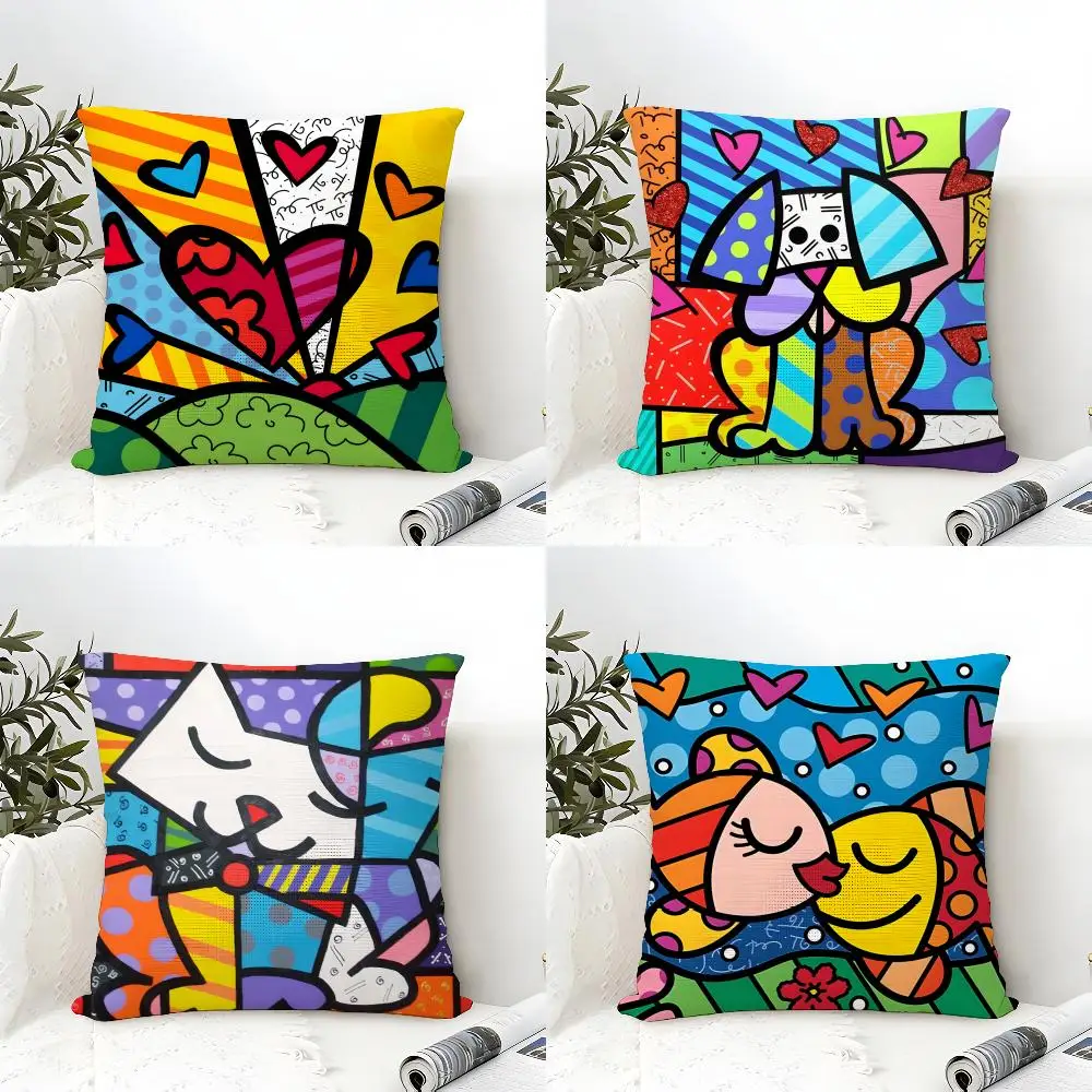 Capa de almofada de algodão e linho, capa de almofada quadrada com zíper, decoração para casa, sala de estar, pop art R-Romero Britto 3
