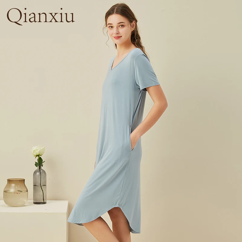 2021Women\'s Robe Baboo Fiber Round Collar Short Sleeve Nightdress Ladies Sexy Sleepwear Plus Size Pajamas Night Wear Camisola
