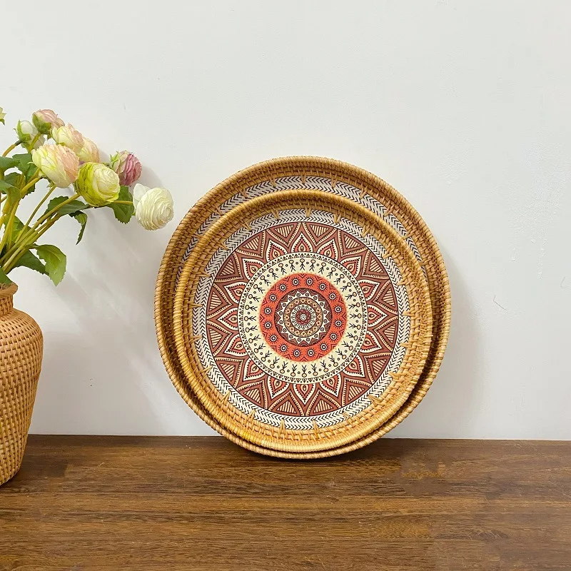 Floral Rattan Storage Basket Vintage Round Woven Fruit and Bread Tray Breakfast Sundries Home Decor