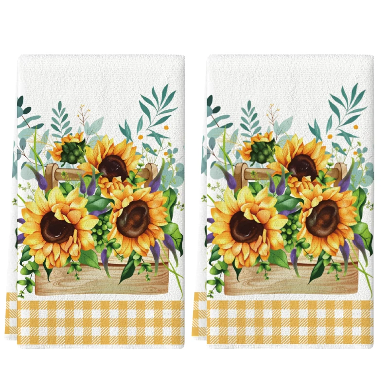 2Pcs, Sunflower Wooden Basket Kitchen Towels, 40Cm*60Cm Towel Set, Best Kitchen Towels, Super Absorbent Soft Cleaning Cloth, Cooking and Baking Tea Towels, Hand Towels, Cleaning Cloths, Dishcloths, Kitchen Decor, Living Room Decorations, Kitchen Essentials, Home Essentials