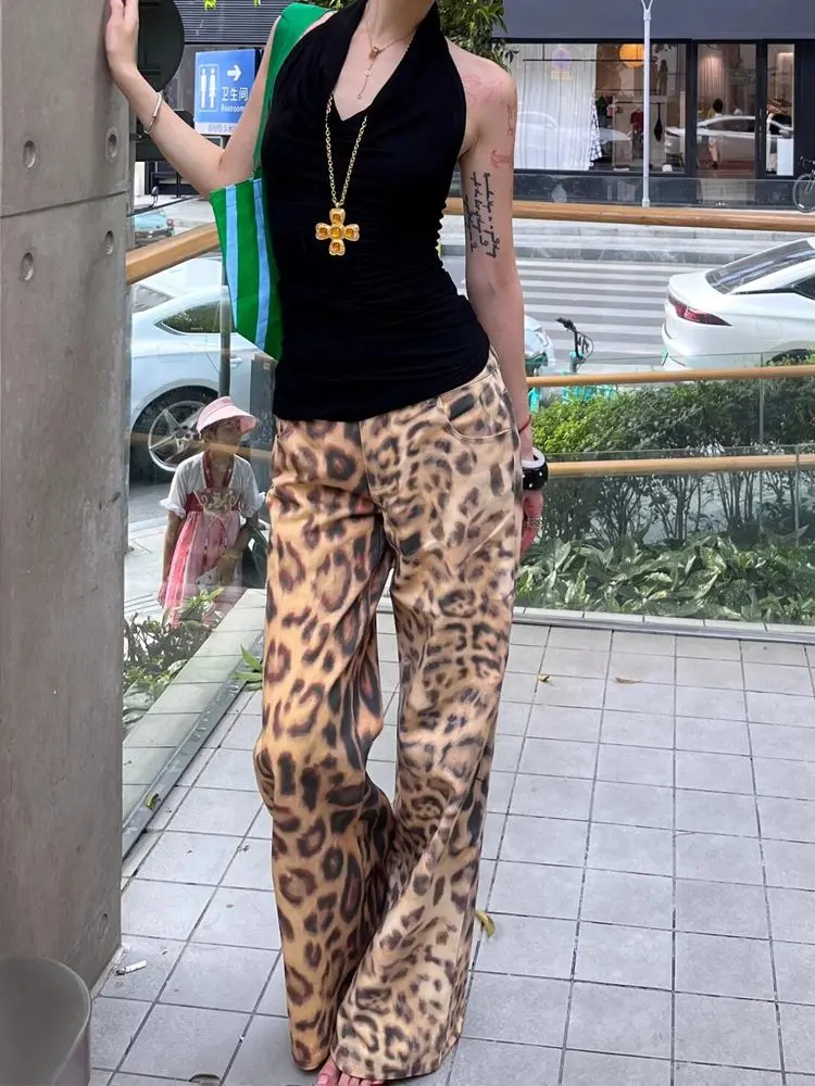 2024 Hotsweet Cyber Y2K Fashion Leopard Low Waist Slim Flare Jeans Pants For Women 90S Vintage Clothes New Rock Lady Trousers