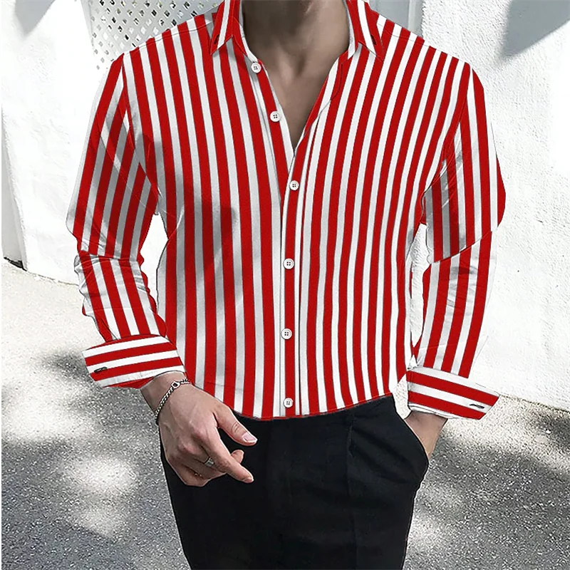 Men\'s formal shirt button lapel shirt black and white red long sleeve striped collar wedding work clothing large size 5XL