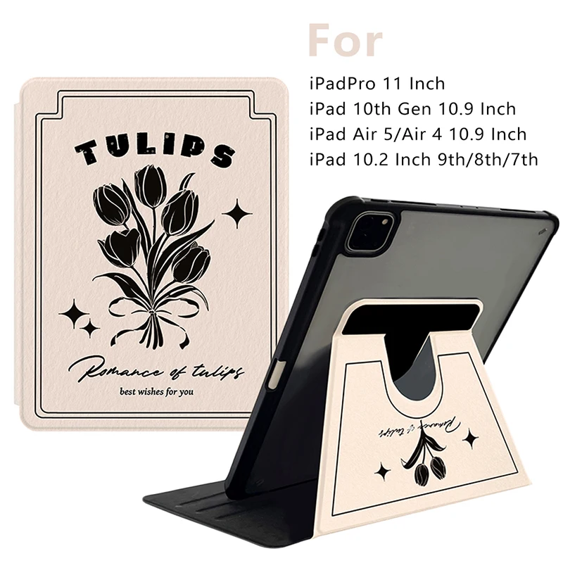 360 Rotation Tulip Case for iPad 10.2 Inch Funda iPad 9th/8th/7th Generation iPad Pro 11 10th Gen Air 5 Cover with Pencil Holder