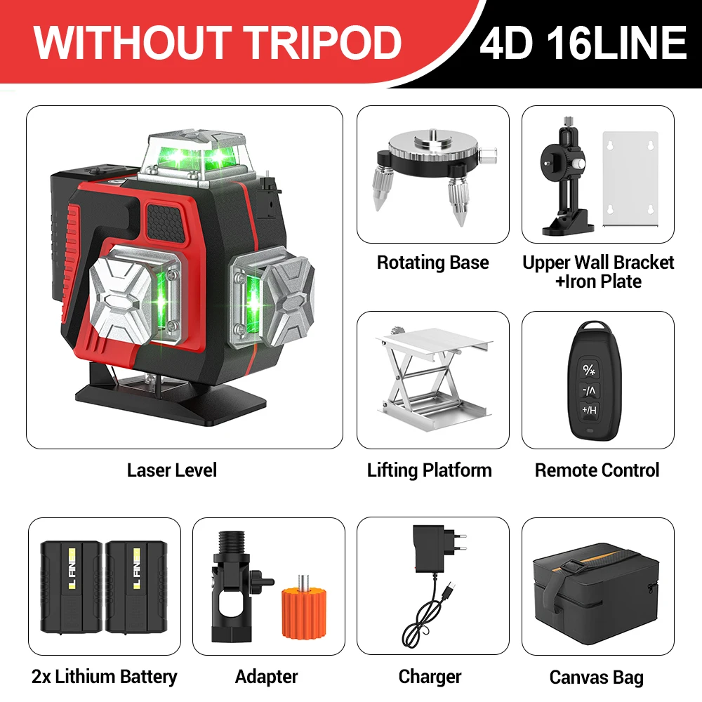 4D Professioneel Laserwaterpas 16 Lijnen Automatisch 3 °   Lijnvormende paal Super Power Green Beam voor wandmontage 360 horizontaal en verticaal