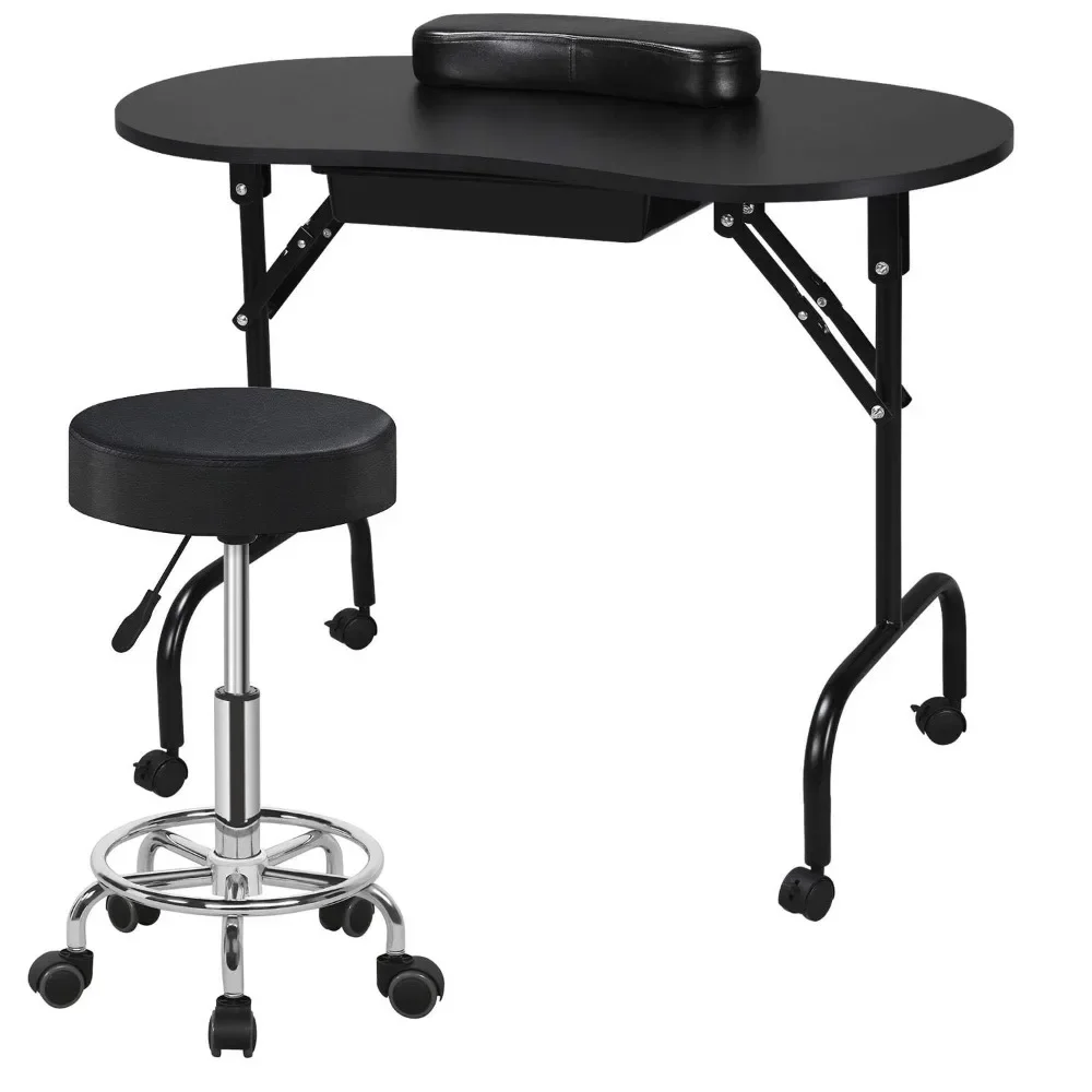 

37-inch Foldable Manicure Table & Rolling Stool, Nail Desk Workstation w/Carrying Case/Wheels and 360° Swivel Height-Adjustable