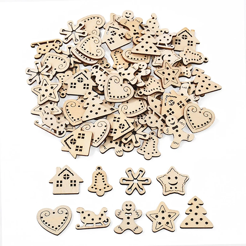 50Pcs Christmas Wooden Ornaments Unfinished Wood Slices Xmas Tree Pendants Navidad Home Decoration 2025 New Year DIY Crafts Gift