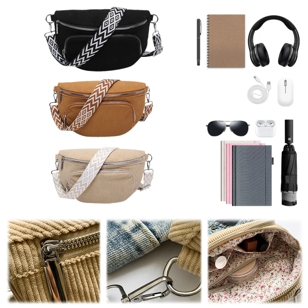 Corduroy Chest Bag Fashion Fanny Pack Wide Guitar Strap Stylish Crossbody Bag Multi-pockets Casual Waist Bag Outdoor Travel Bag