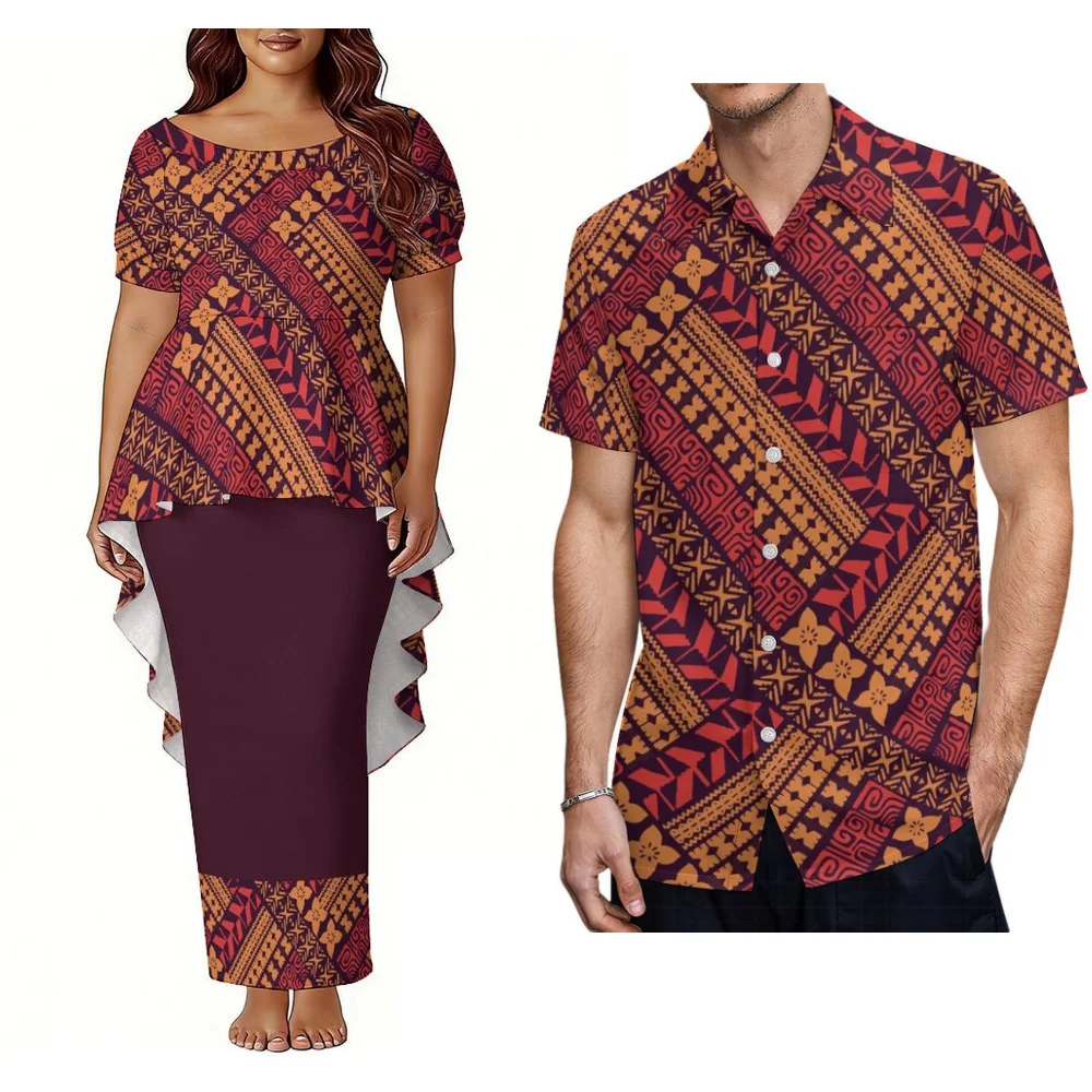 

Комплект для пар 2026: мужская гавайская рубашка и женское платье пулетаси в стиле Тихоокеанских островов, дизайн полинезийского племени Самоа