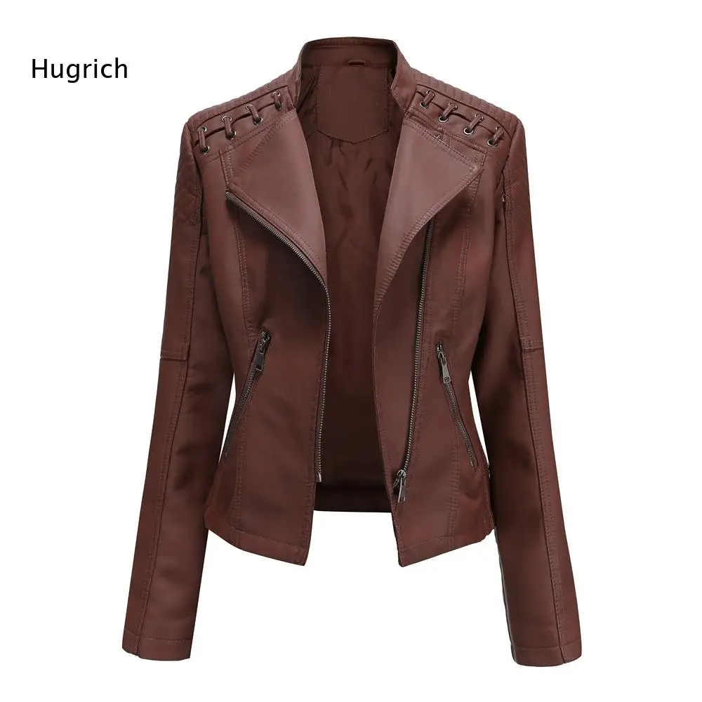 Lapel Zipper Faux Leather Short Coat For Women Quilted Shoulder Detail Biker Jacket With Functional Pockets For Autumn Wear