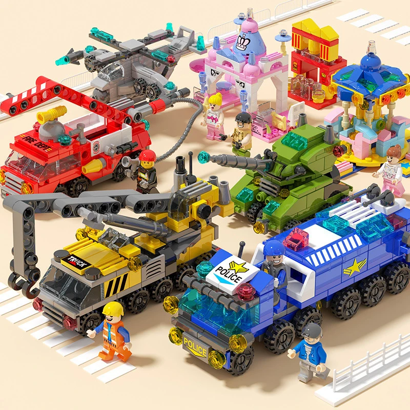Mini City Vehicle Building Blocks Set DIY Police Car Fire Truck Helicopter Crane Truck Armored Vehicle Model Bricks Toys for Kid