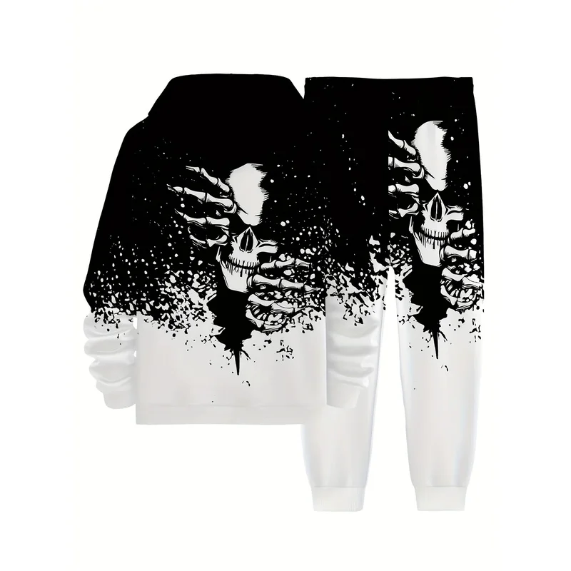 Men'S Casual Skeleton 3D Printed Sports Shirt And Jogging Set Pullover Hooded Sweatshirt Made Of Knitted Fabric