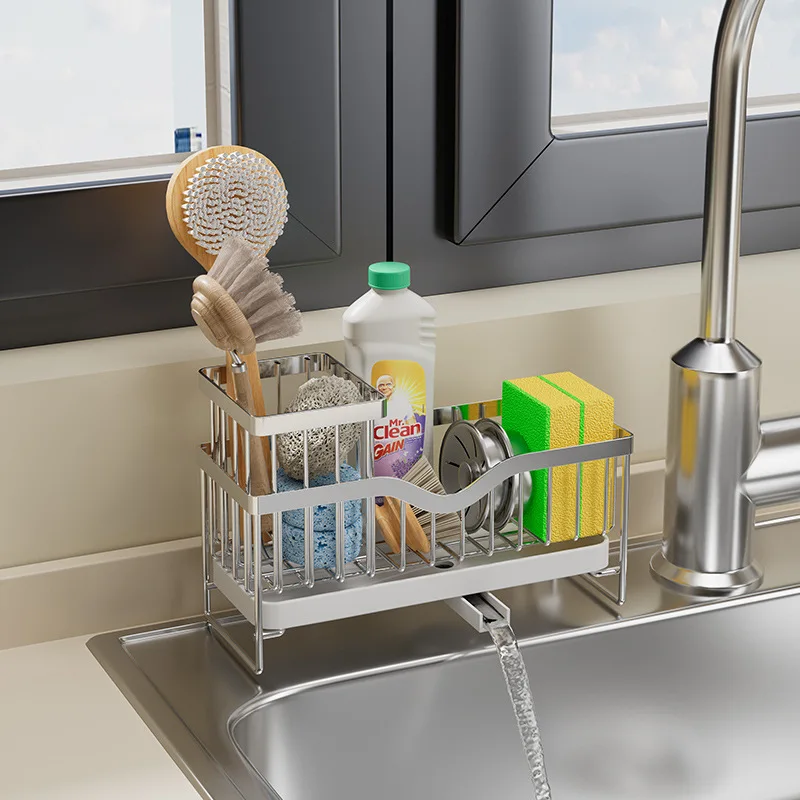 Kitchen Stainless Steel Sink Drain Rack with Brush Holder Sponge Cleaning Soap Organizer Storage Holder for Kitchen Organizer