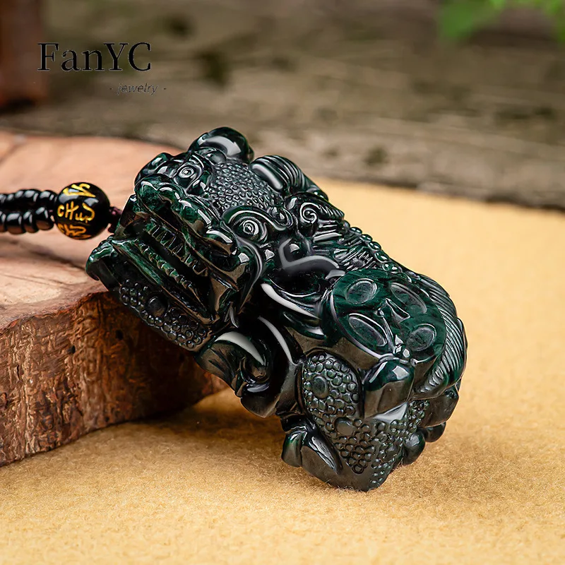 Natural A-goods Jadeite Ink Jade Overlord Pixiu Pendant Hand-carved Ice Jade Necklace Men and Women Mascot Holiday Gift