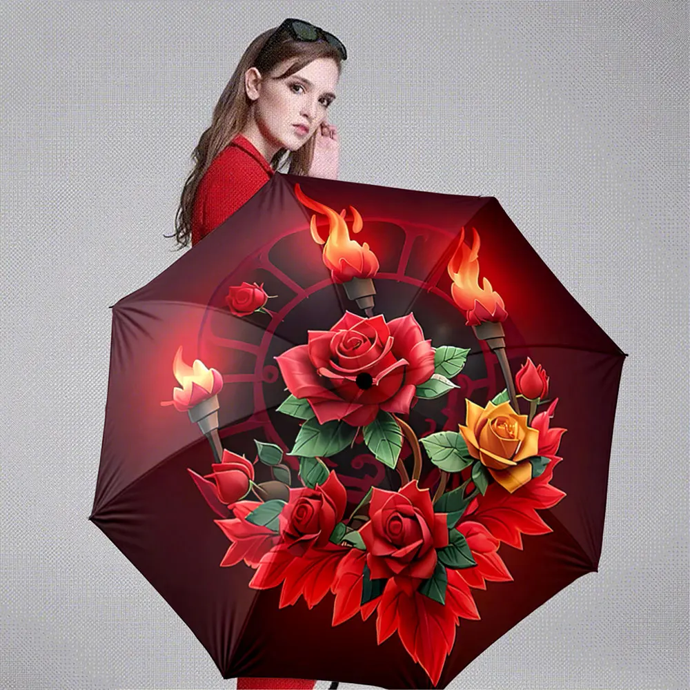 Fiery Red Roses Design with Flaming Torches on Dark Background Portable Folding Umbrella, Gift for Family And Friends
