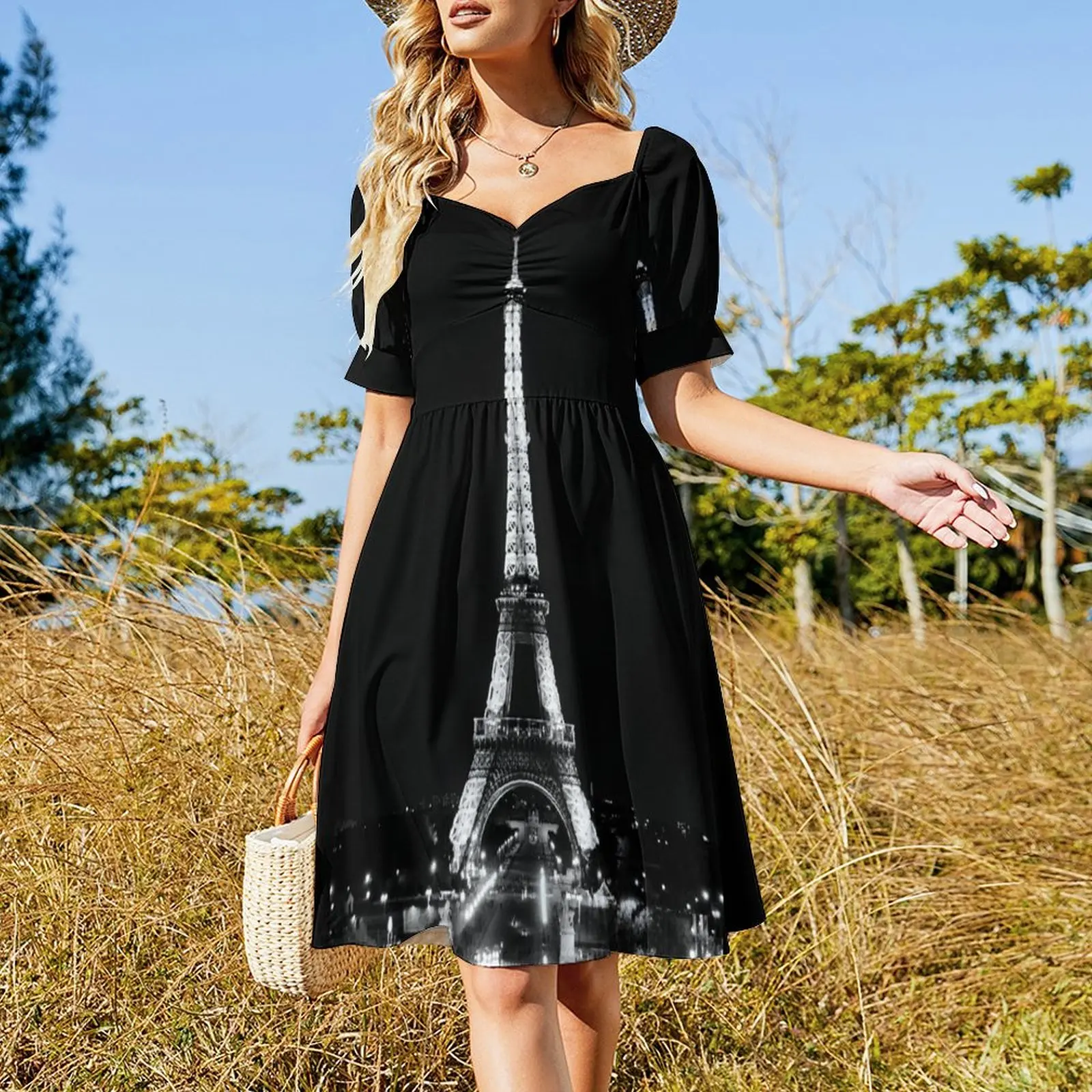 Eiffel Tower Paris at night black and white Short Sleeved Dress dresses for womens luxury woman evening dress Dress