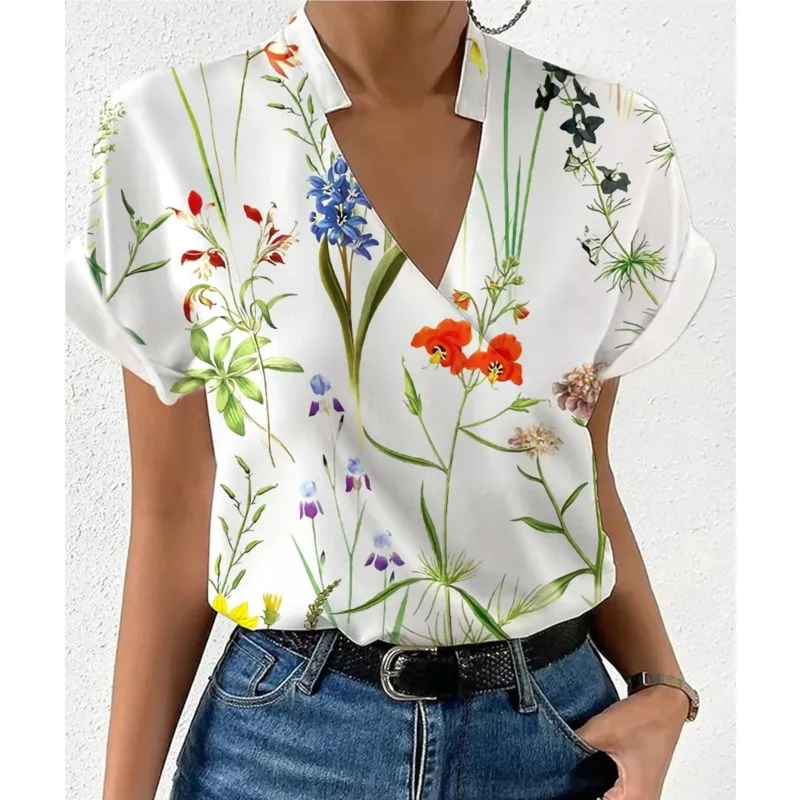 Shirts For Women 2023 Summer Loose V-neck Stand Collar Print Tops And Blouses Blusas Elegantes Finas Para Mujer Casual T Shirt