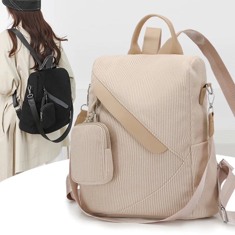Anti-Theft Backpack Women Lightweight Water Resistant Corduroy Back Pack Casual Travel Daypack Large Commute School Bag Girl