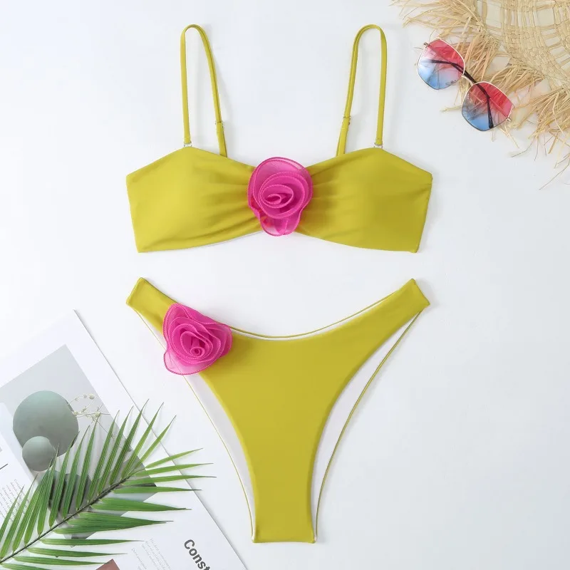 3D Flower Bikini Set Women's 3D Floral Strap Bikini Two Pieces Bikinis Set Tie Back Swimsuit Tops Summer Beachwear Swimwear