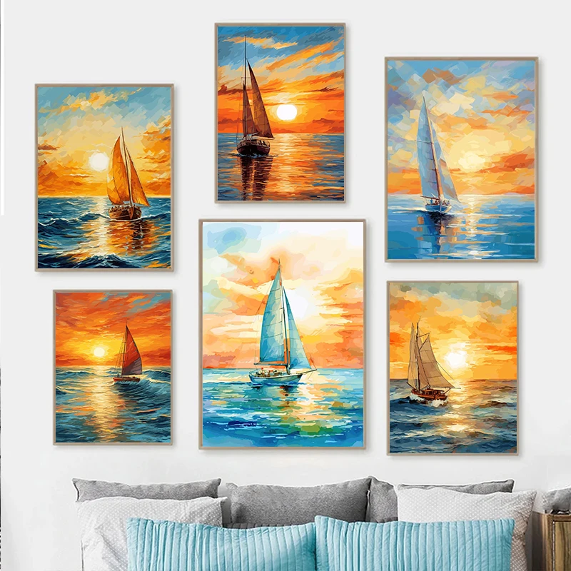 Abstract Colourful Sailboat Sunset Canvas Painting Sea Landscape Poster Print Wall Art Picture for Living Room Home Decoratio