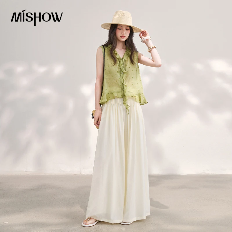 MISHOW Women's Green 100% Ramie Polka Dot Blouse 2026 Summer V Neck Ruffle Tie Front Sleeveless Casual Vest Blouse MXF29X2715 - view 5