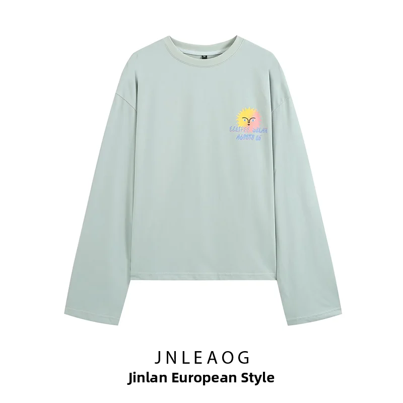 Fashionable Solar Eclipse Theme T-Shirt for Women Autumn New Style Versatile Design Daily Wear Long Sleeve Polyester Ladies Top